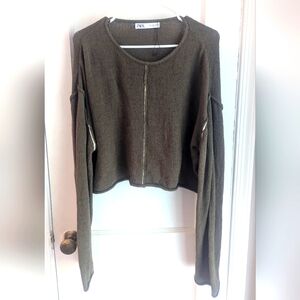 Zara Olive Green Cropped Knit Sweater
